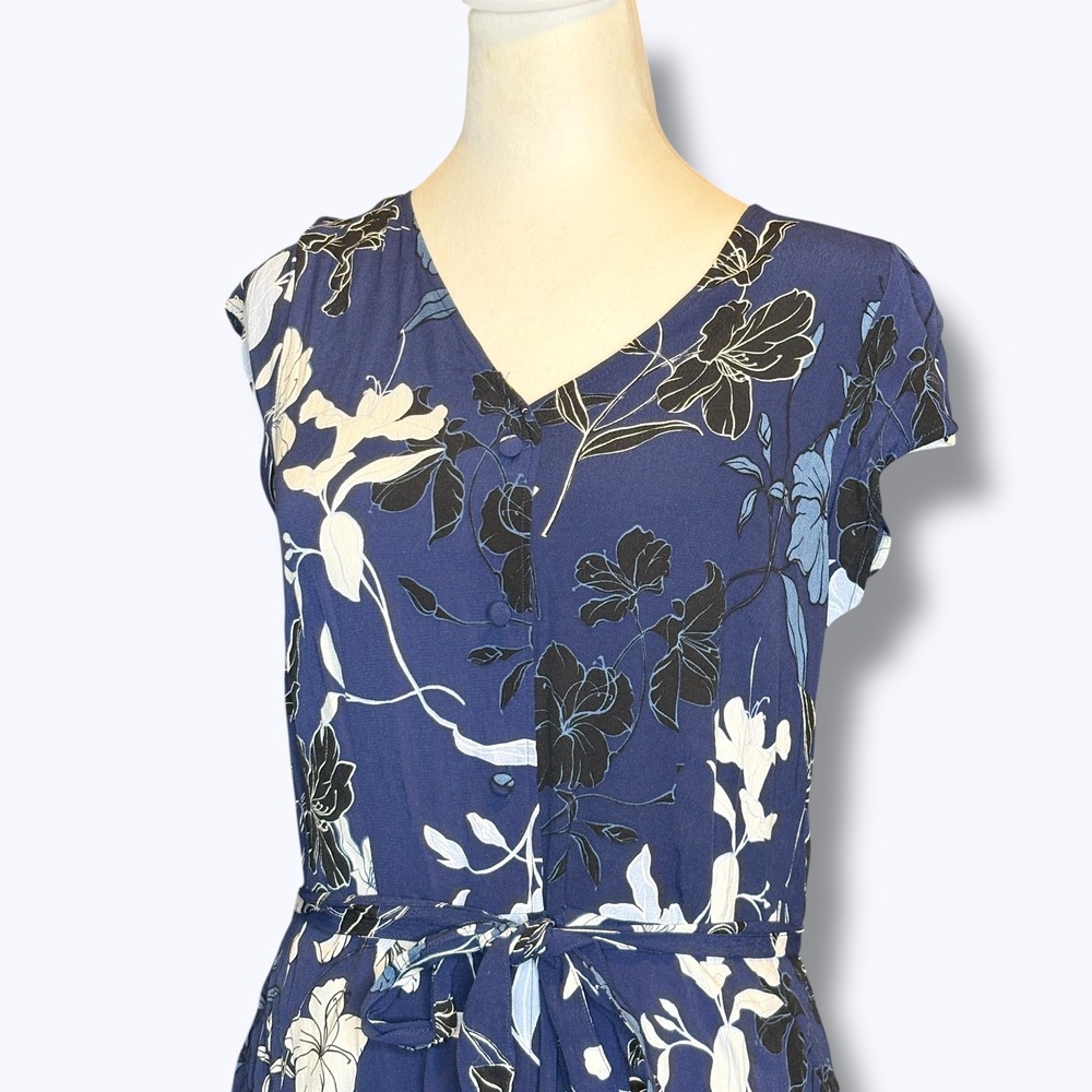 Talbots Petite Womens Floral Midi Dress‎ Size 12P Navy Blue Button Front Easter - Picture 2 of 7